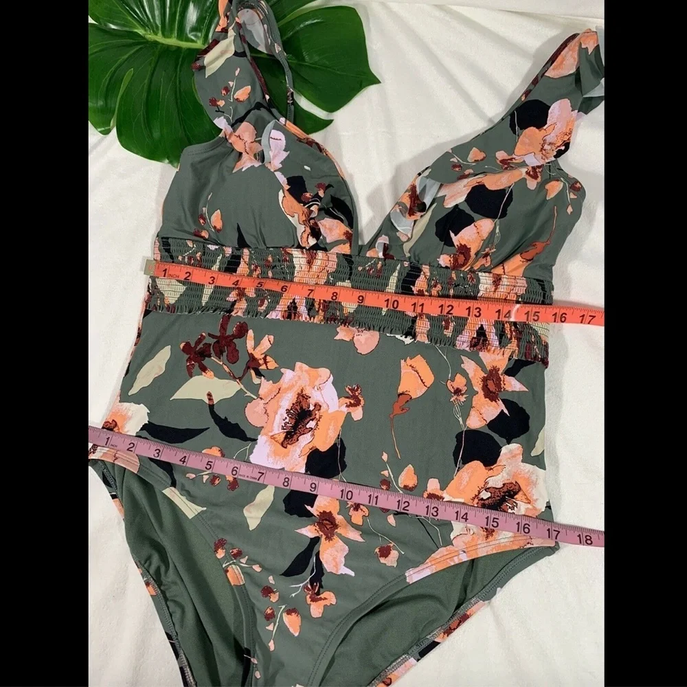 NEW $40 Sea Angel Olive Floral Smocked One Piece Swimsuit [ SZ XL ] #3350‎